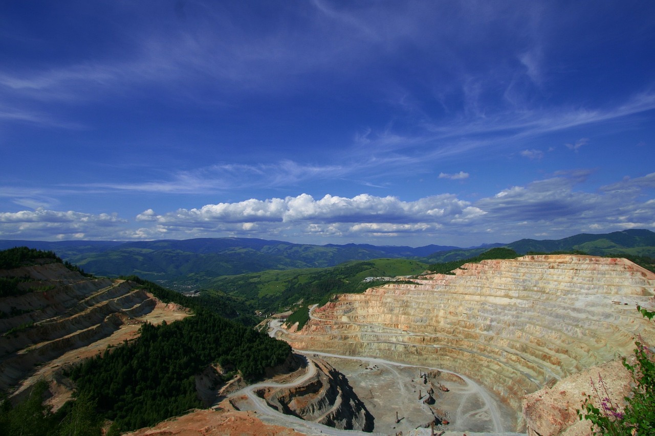 mine, mining, mining site, site, old, industry, rock, stone, ore, mineral, nature, sky, landscape, pit, environmental, pollution, open-pit, deserted, blue desert, blue pollution, blue stone, blue industry