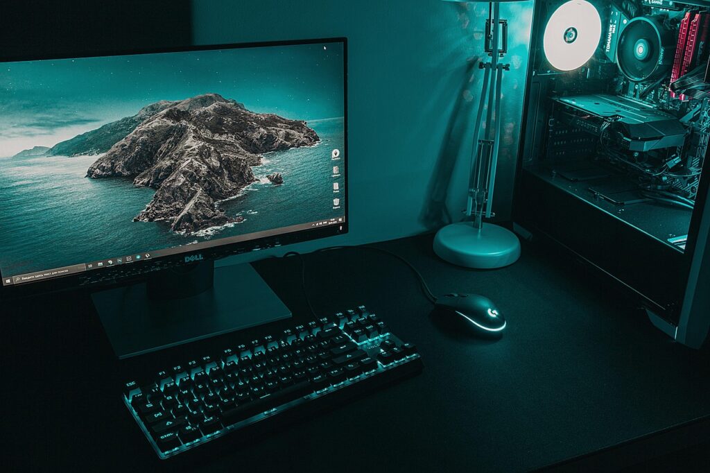 pc, desktop, keyboard, monitor, desk, mouse, lamp, work station, work station, work station, work station, work station, work station