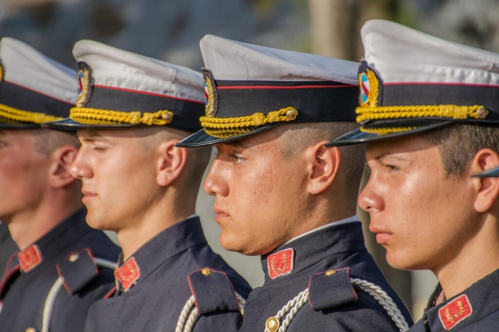 military, soldiers, cap, in a row