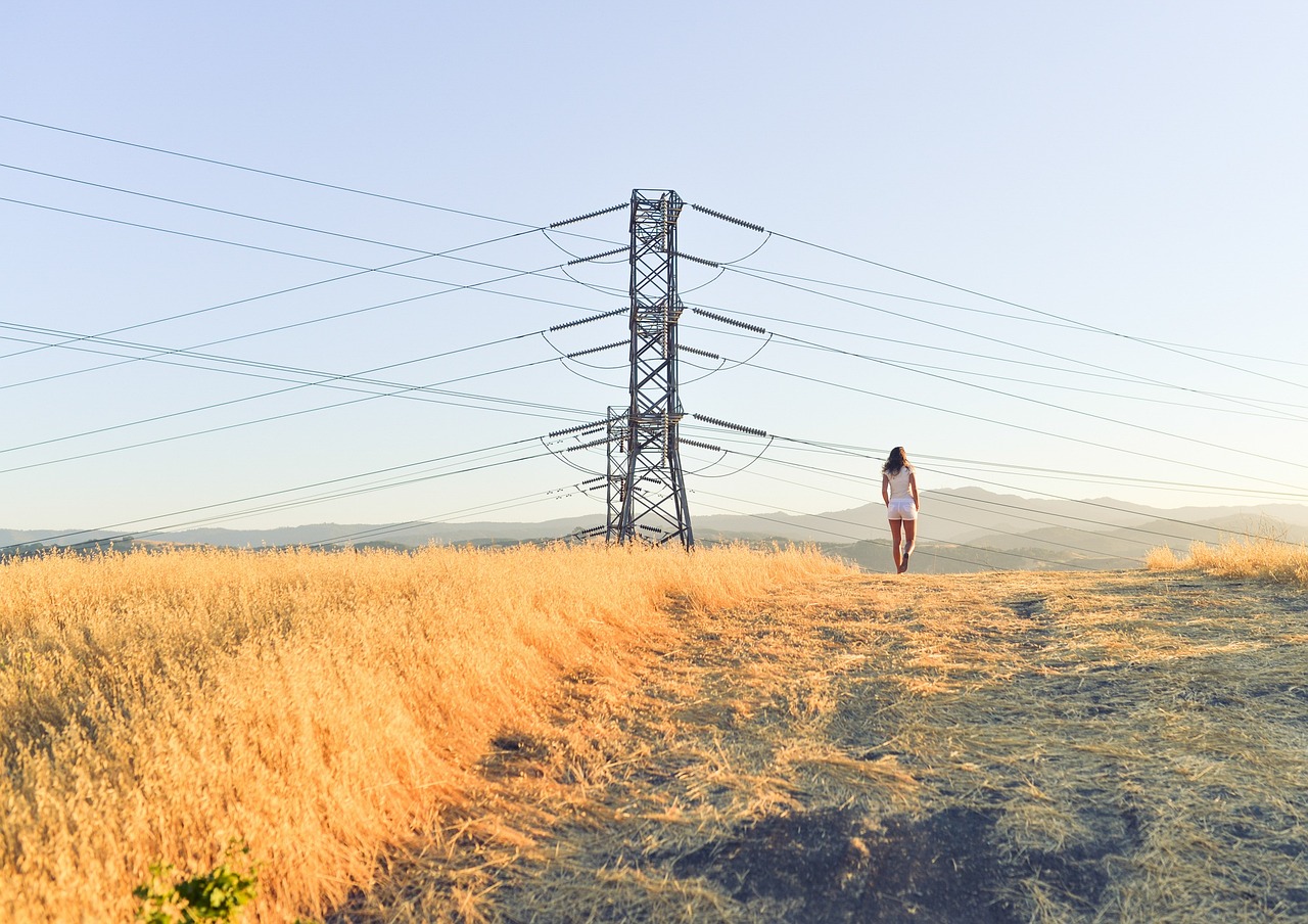 power, utility, nature, pole, electricity, line, voltage, supply, woman, girl, walking, field, strolling, summer, grid, tower, infrastructure