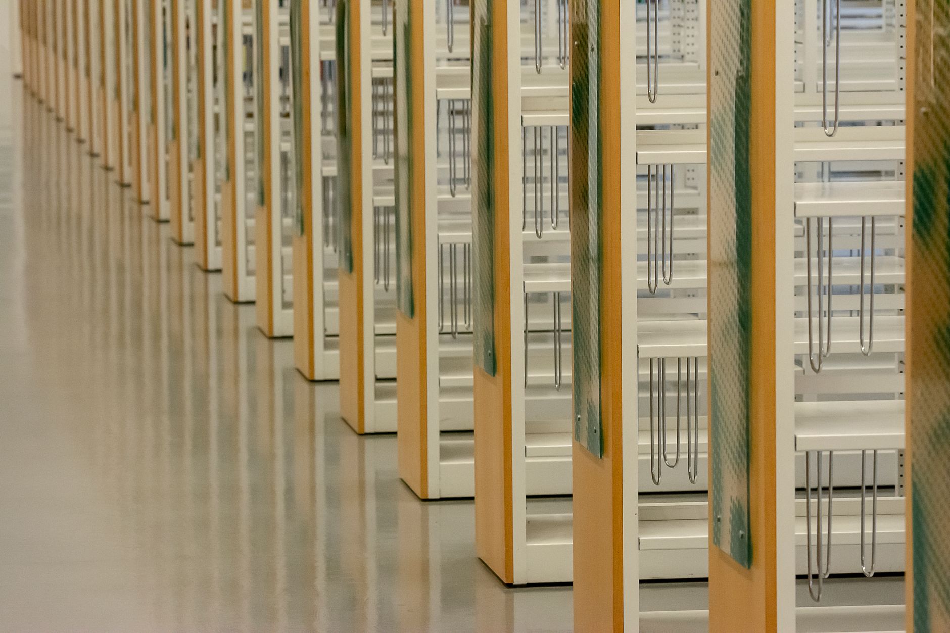 A perspective view of modern library shelves showcasing repetition and contemporary design.