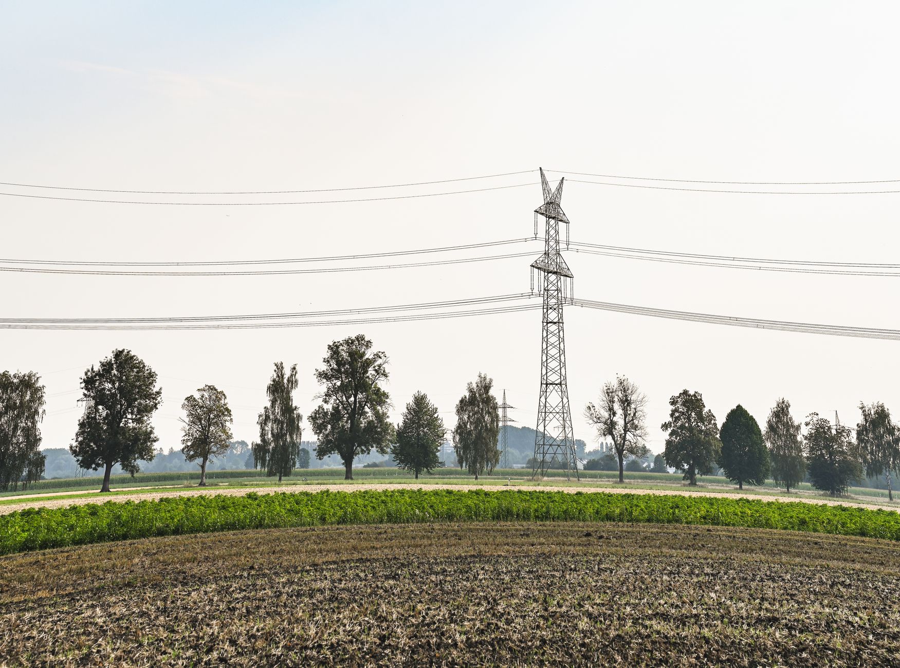 Wide view of electric transmission tower and power lines over farmland with trees.