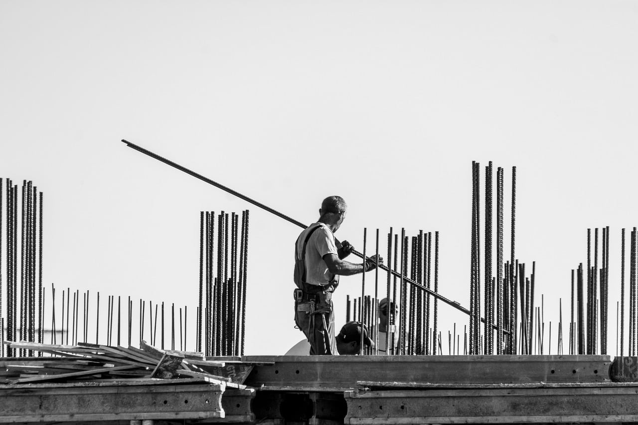 construction, worker, steel rod, worksite, mixing, concrete, man, builder, structure, black and white, outdoor, craftsman, brick, workwear, practical, engineering, helmet, function, construction site