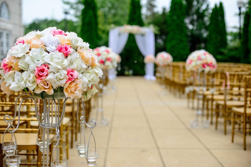 wedding, aisle, flower arrangement, bloom, blossom, bouquet, celebration, chairs, decoration, flora, flowers, flower wallpaper, beautiful flowers, nature, roses, event, wedding photography, flower background, wedding preparations