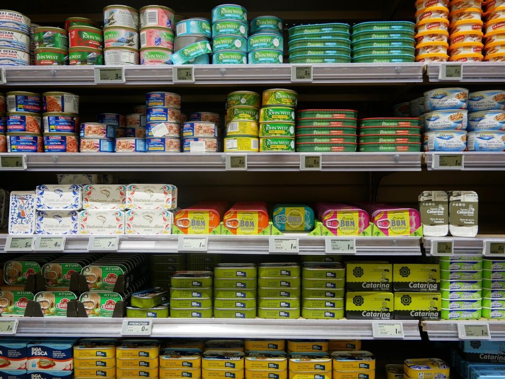 shelf, shop fittings, stock, winkelaanbieding, shops, display, grocery store, commercial break, offer, daily offer, product, canned, zalmblikje, tonijnblikje, salmon canned, tuna in a can, sardines in a tin, portfolio of brands, comprising, foodstuffs, grocery store, grocery store, grocery store, grocery store, grocery store, foodstuffs