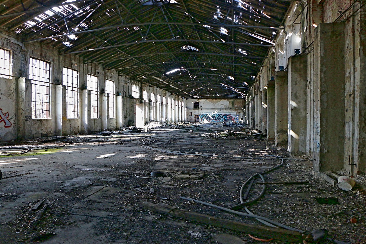 industrial ruin, industry, light, building, factory, stole, graffiti, infrastructure, city, horror, mining, sad, architecture, heaven, logistics, space, reflection, road, mine, floor, perspective, abandoned, the shade, ruin
