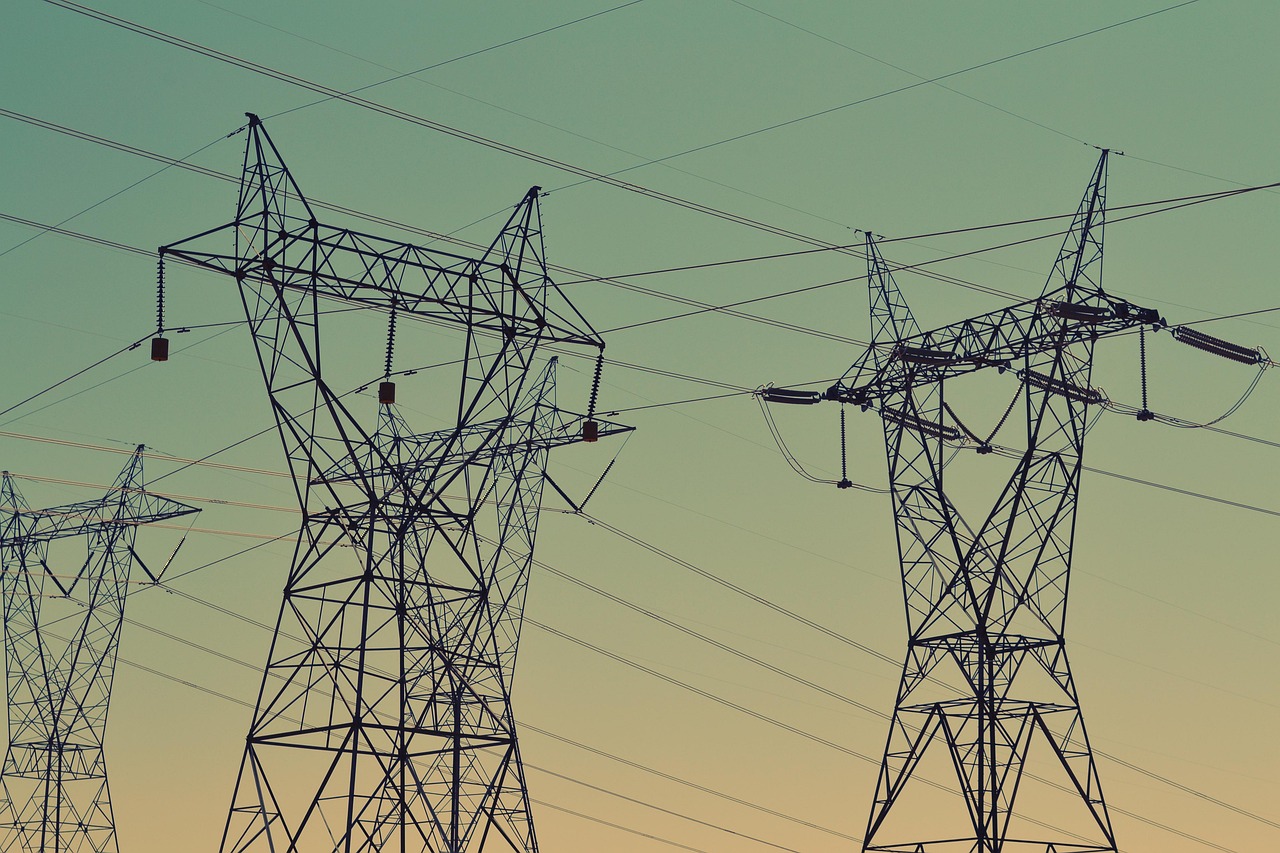 power, energy, electricity, technology, industry, ecology, electric, environment, power poles, electrical towers, power lines, sky, green sky, nature, green technology, green energy, green power, green industry
