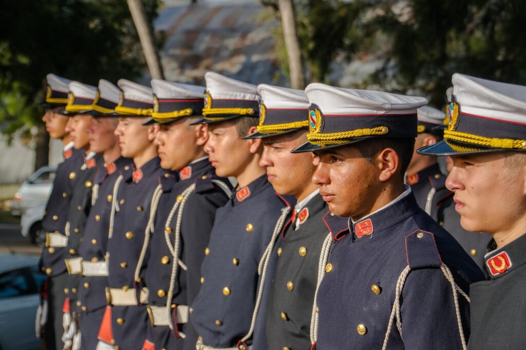 military, soldiers, cap, in a row
