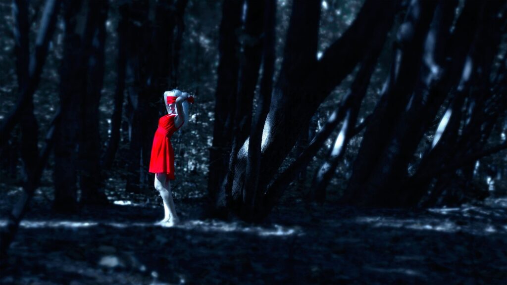 girl in a red dress in the forest, dress, dark forest, nature, young woman, trees, girls, outdoors, stroll, forest, beautiful, tree