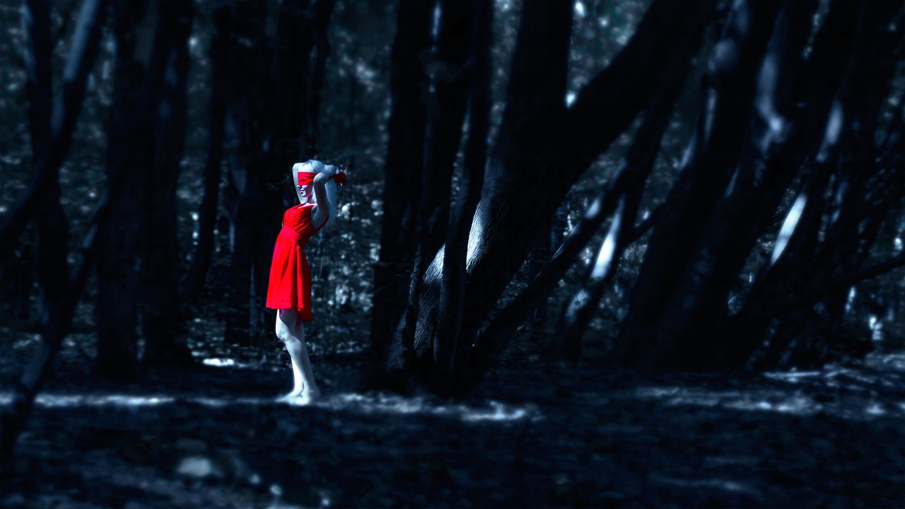 girl in a red dress in the forest, dress, dark forest, nature, young woman, trees, girls, outdoors, stroll, forest, beautiful, tree