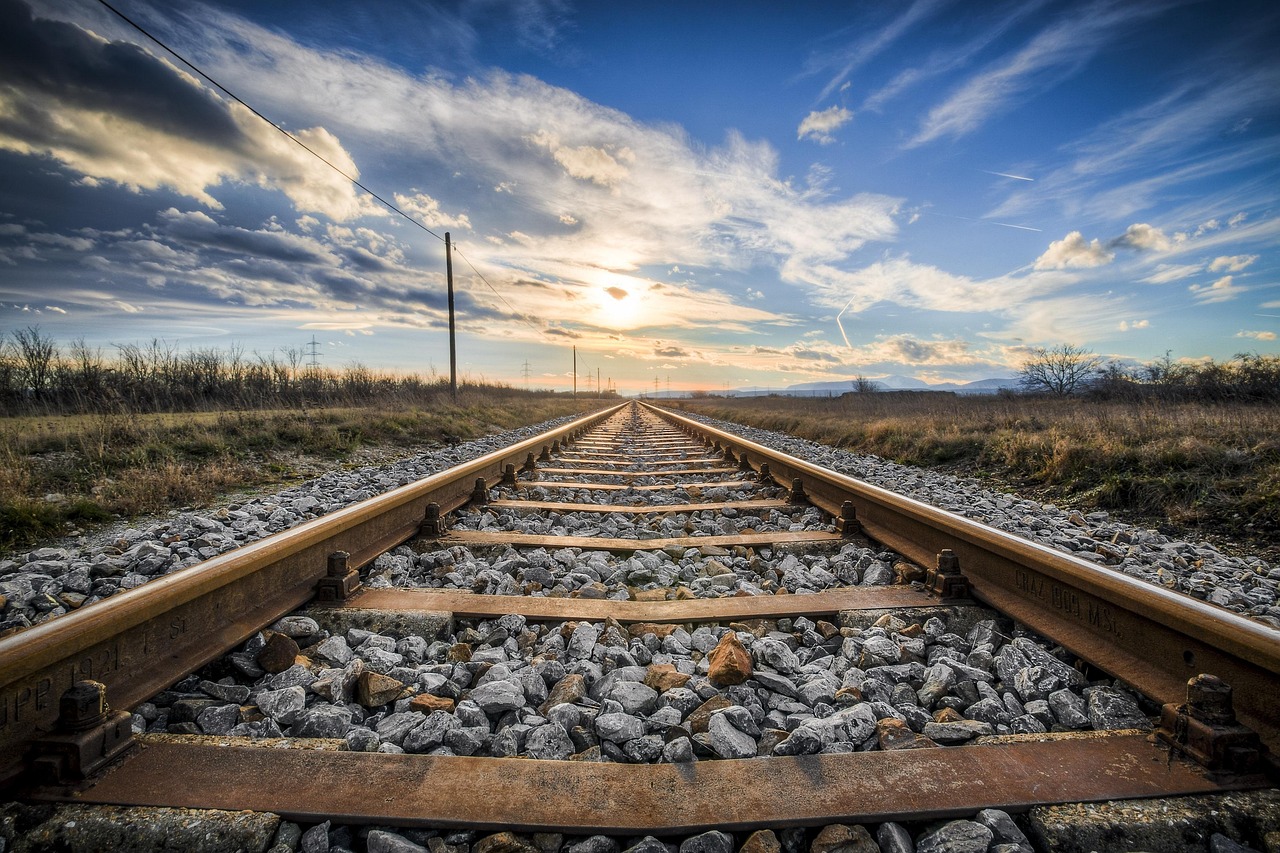 railway, rocks, nature, sunset, sun, sunlight, track, rail, rail track, railway track, rust, rusted, abandoned, railroad track, evening atmosphere, landscape, countryside